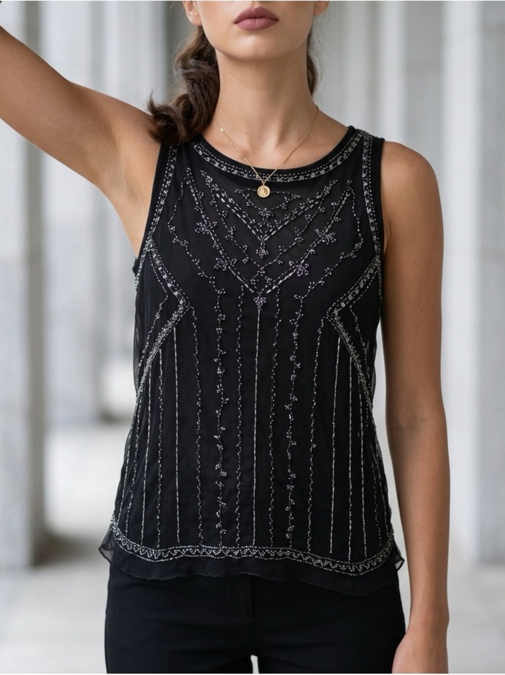 Vanity Black Beaded Sheer Sleeveless Camisole